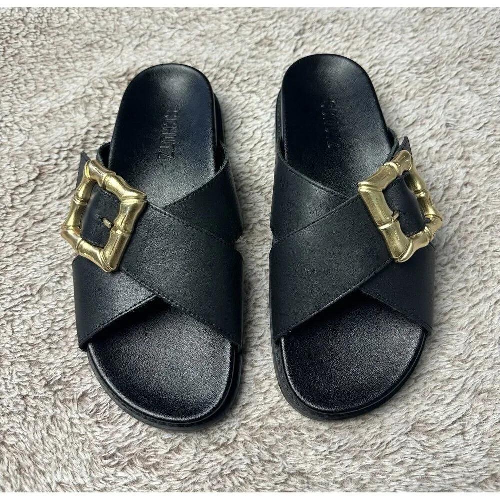 Schutz Enola Cross Slides Womens Size 5 B Black Leather Gold Bamboo Buckle Shoes